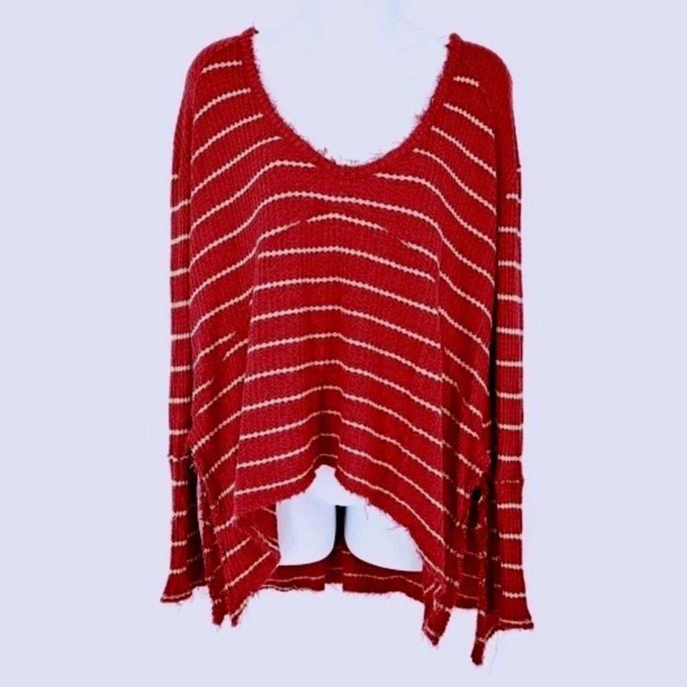 Free People Stop Sign‎ Red & Beige Stripe Waffle Knit Thermal Thrashed Raw Hem